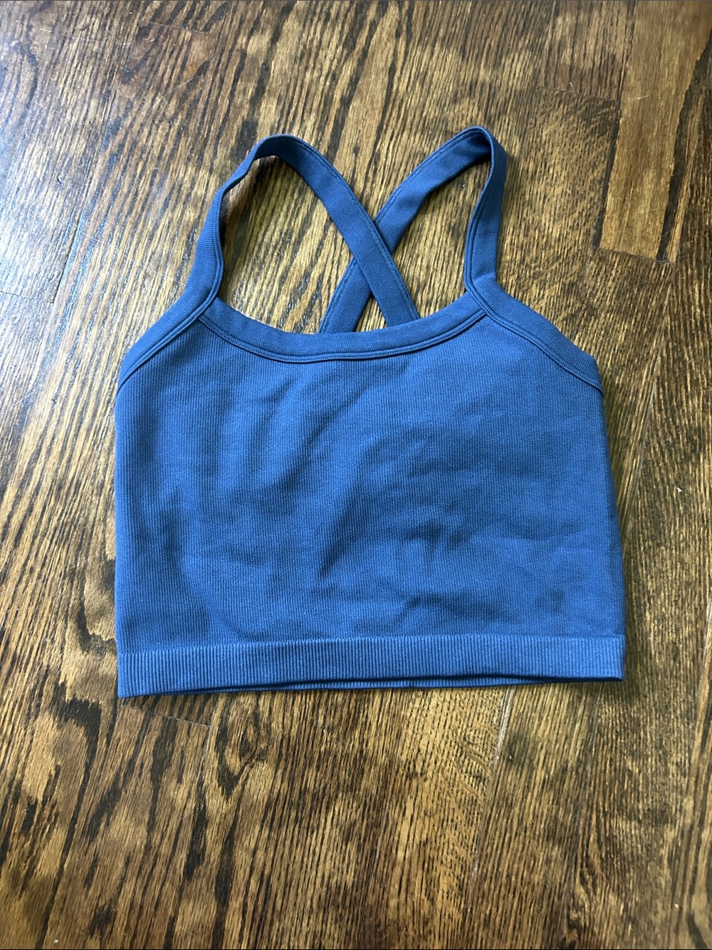 Ribbed Cross-Back Crop Tank Top - Blue